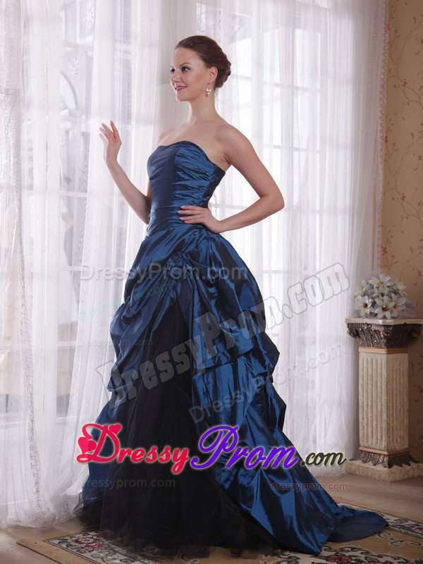 A-Line Strapless Blue Brush Train Hand Made Flowers Prom Dress
