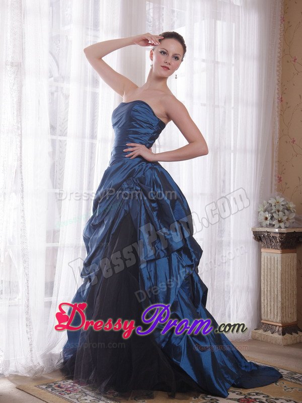 A-Line Strapless Blue Brush Train Hand Made Flowers Prom Dress