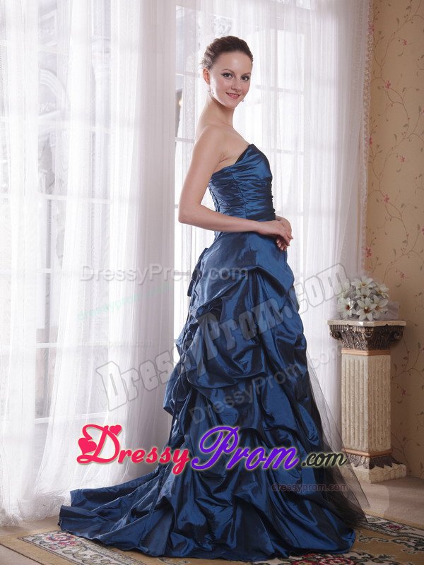 A-Line Strapless Blue Brush Train Hand Made Flowers Prom Dress