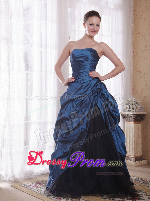 A-Line Strapless Blue Brush Train Hand Made Flowers Prom Dress