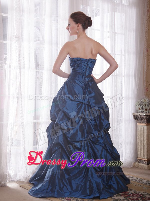 A-Line Strapless Blue Brush Train Hand Made Flowers Prom Dress