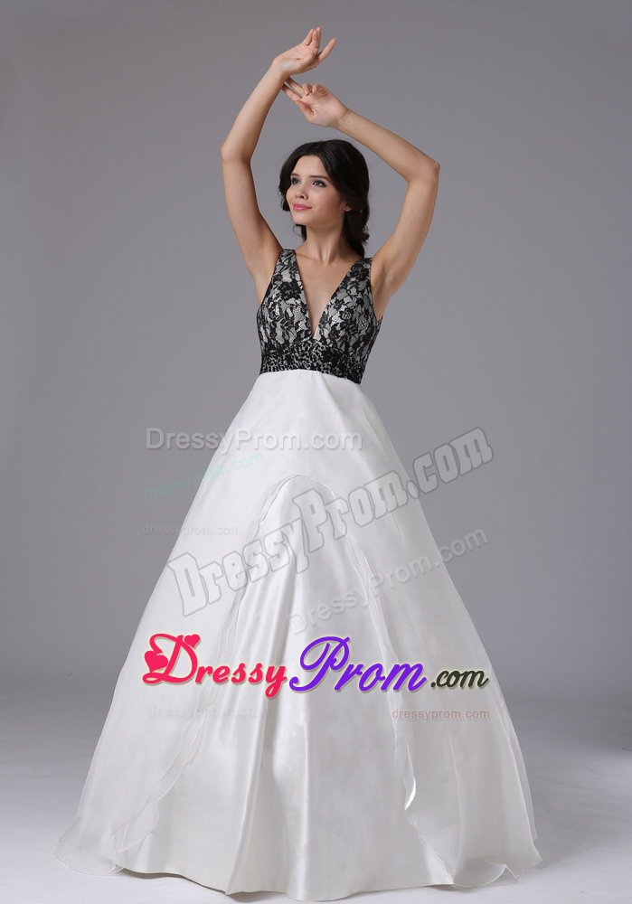 V-neck A-line Black and White Prom Dress in Aurora with Lace