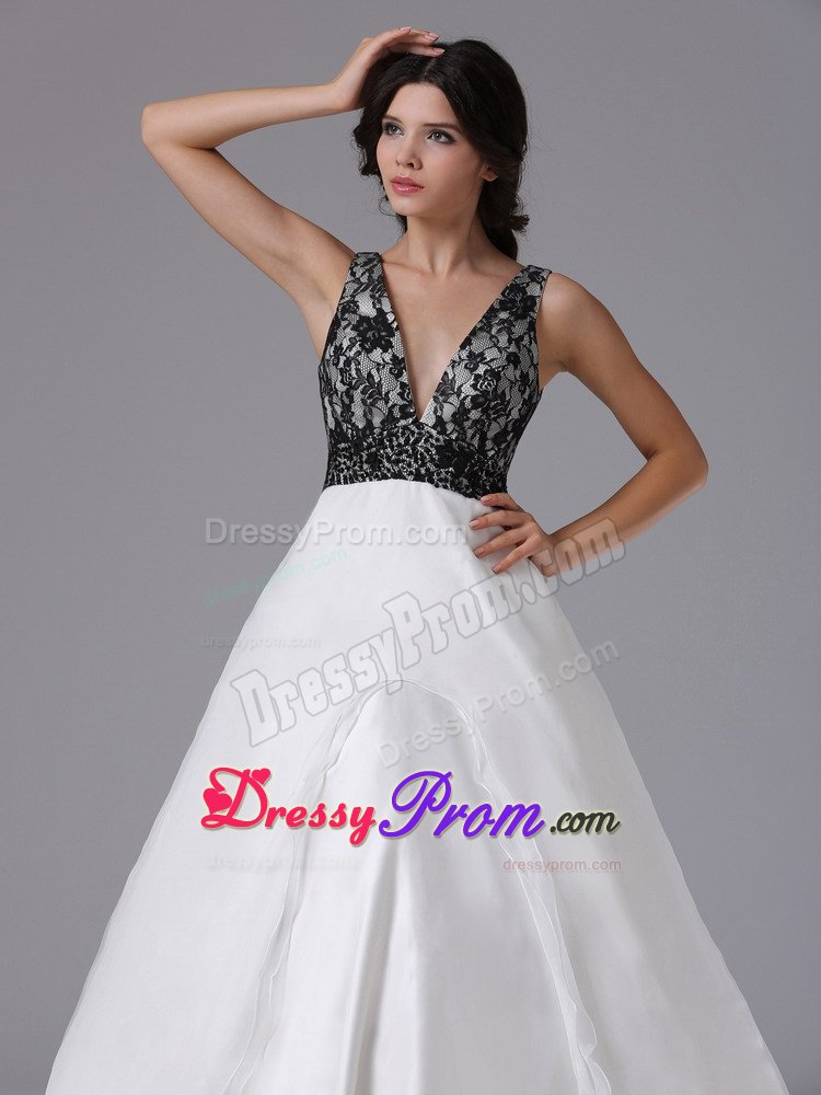 V-neck A-line Black and White Prom Dress in Aurora with Lace