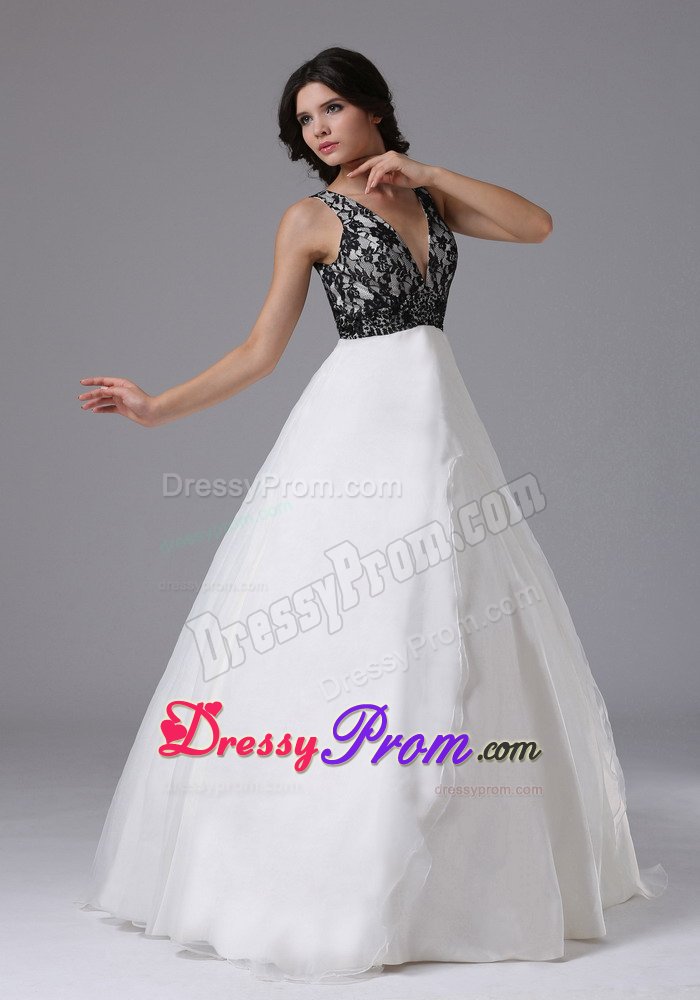 V-neck A-line Black and White Prom Dress in Aurora with Lace