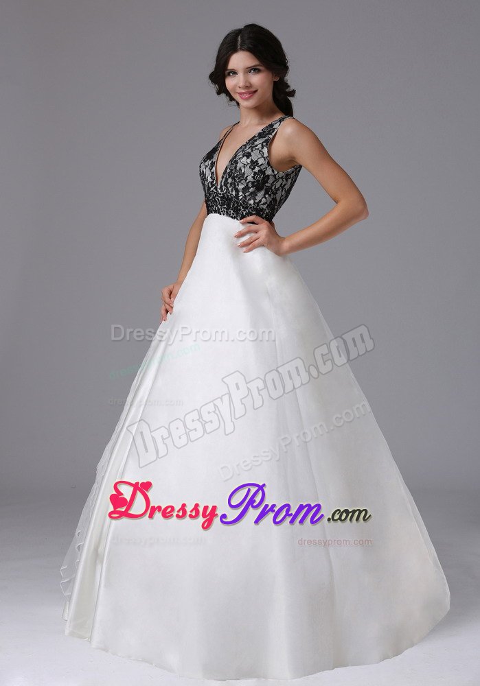 V-neck A-line Black and White Prom Dress in Aurora with Lace