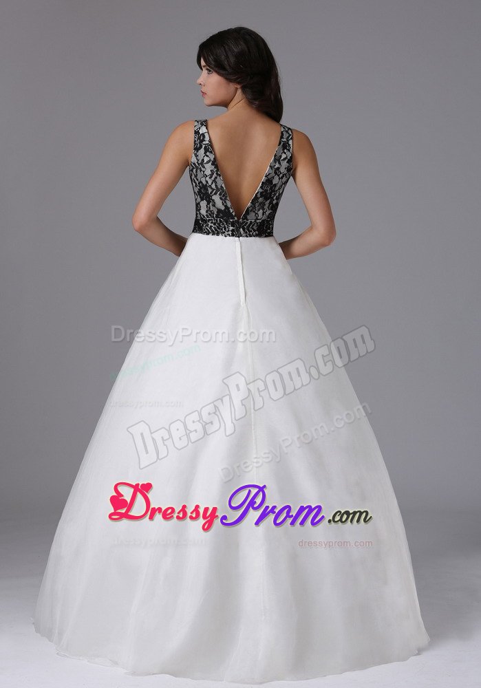 V-neck A-line Black and White Prom Dress in Aurora with Lace