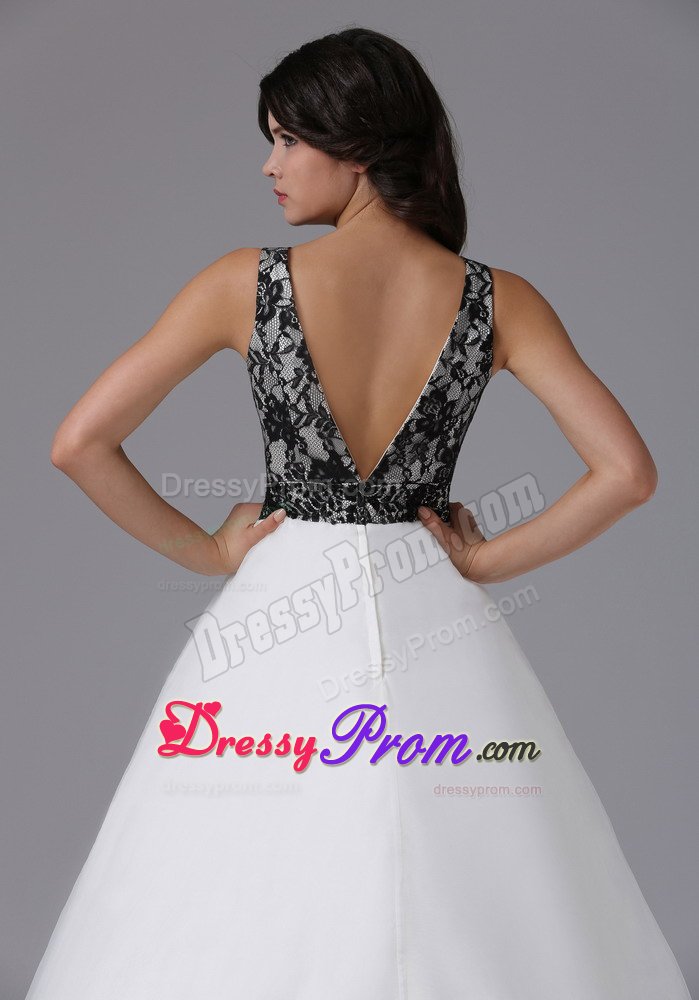 V-neck A-line Black and White Prom Dress in Aurora with Lace