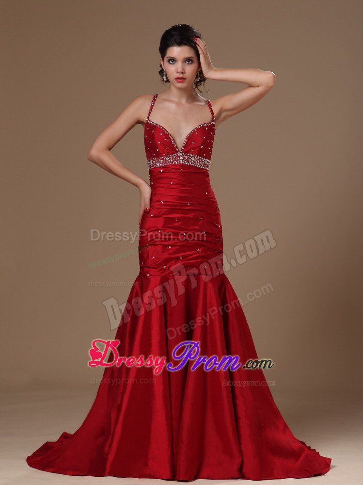 Mermaid Beaded Straps Wine Red Sweep Train Prom Celebrity Gowns
