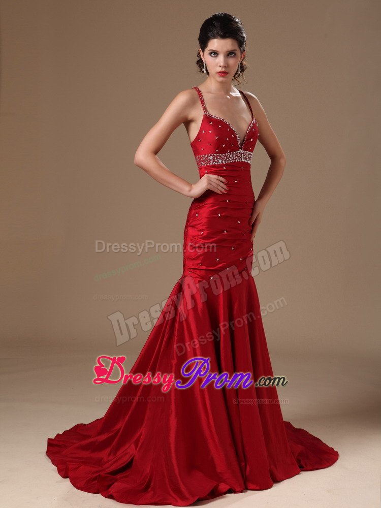 Mermaid Beaded Straps Wine Red Sweep Train Prom Celebrity Gowns
