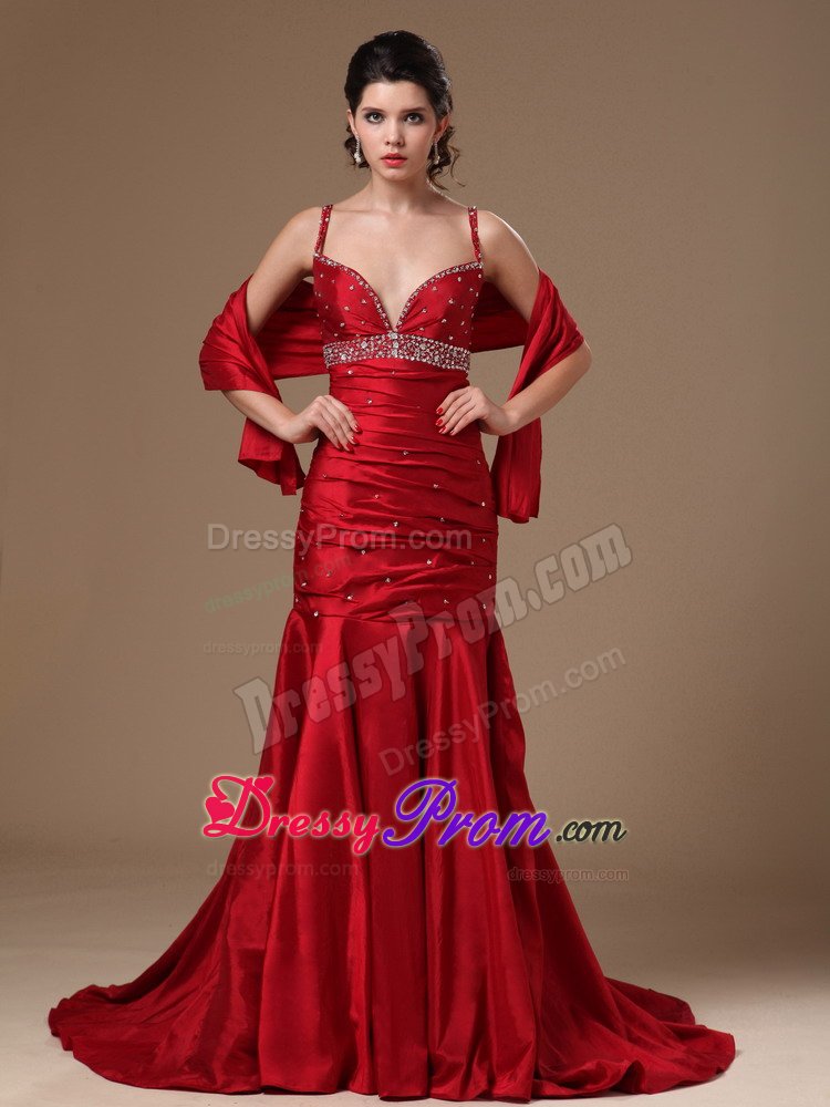 Mermaid Beaded Straps Wine Red Sweep Train Prom Celebrity Gowns