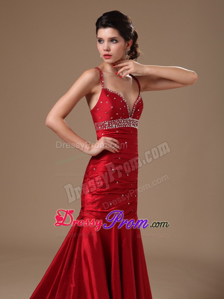 Mermaid Beaded Straps Wine Red Sweep Train Prom Celebrity Gowns