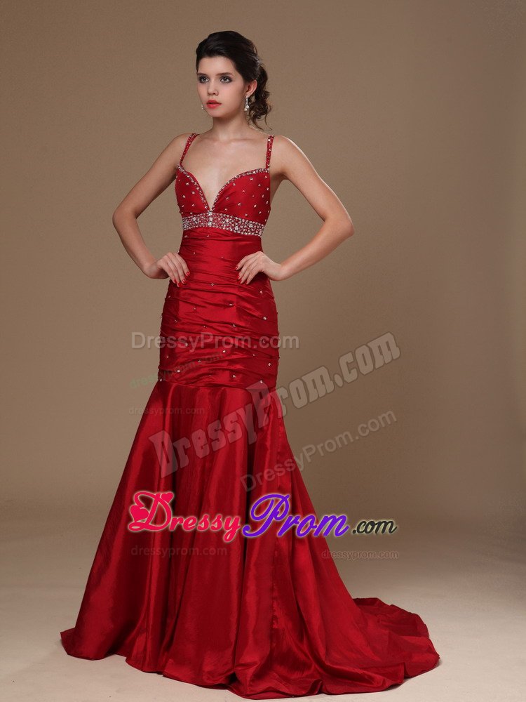 Mermaid Beaded Straps Wine Red Sweep Train Prom Celebrity Gowns