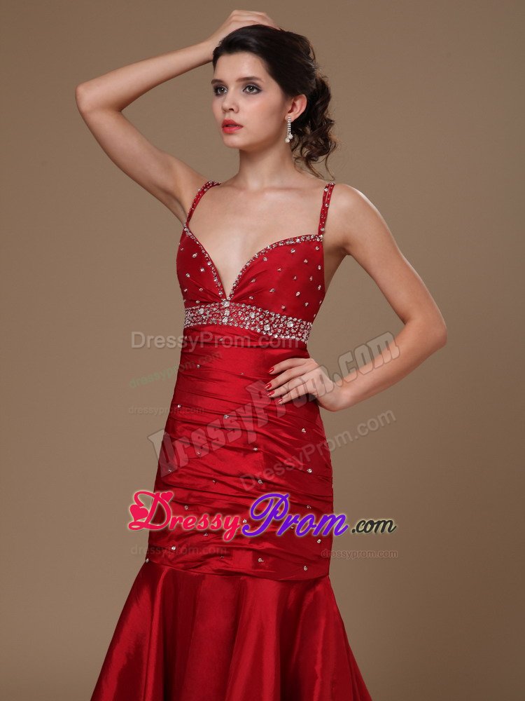 Mermaid Beaded Straps Wine Red Sweep Train Prom Celebrity Gowns