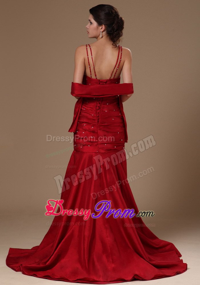 Mermaid Beaded Straps Wine Red Sweep Train Prom Celebrity Gowns