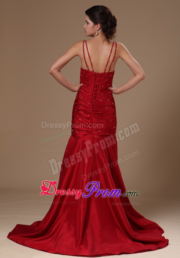 Mermaid Beaded Straps Wine Red Sweep Train Prom Celebrity Gowns
