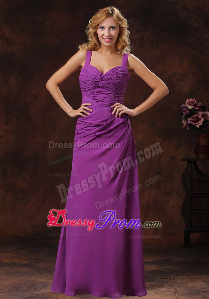 Sweetheart Purple Straps Ruched Prom Gown Dress Floor-length