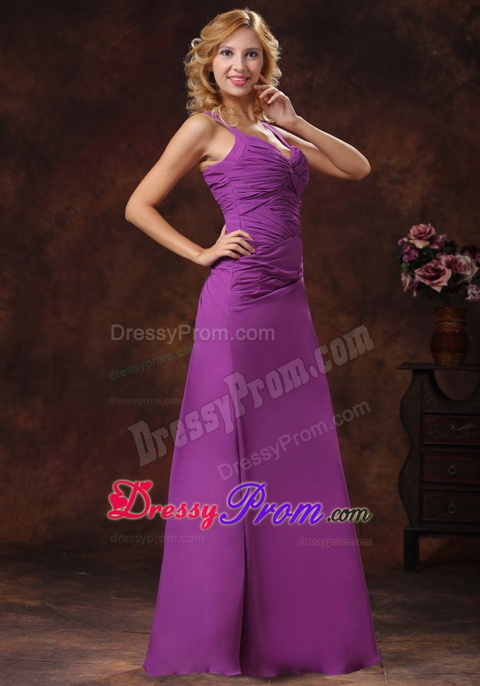 Sweetheart Purple Straps Ruched Prom Gown Dress Floor-length