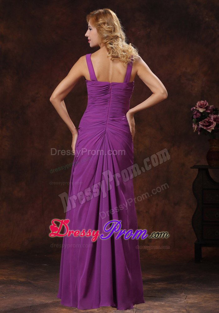Sweetheart Purple Straps Ruched Prom Gown Dress Floor-length