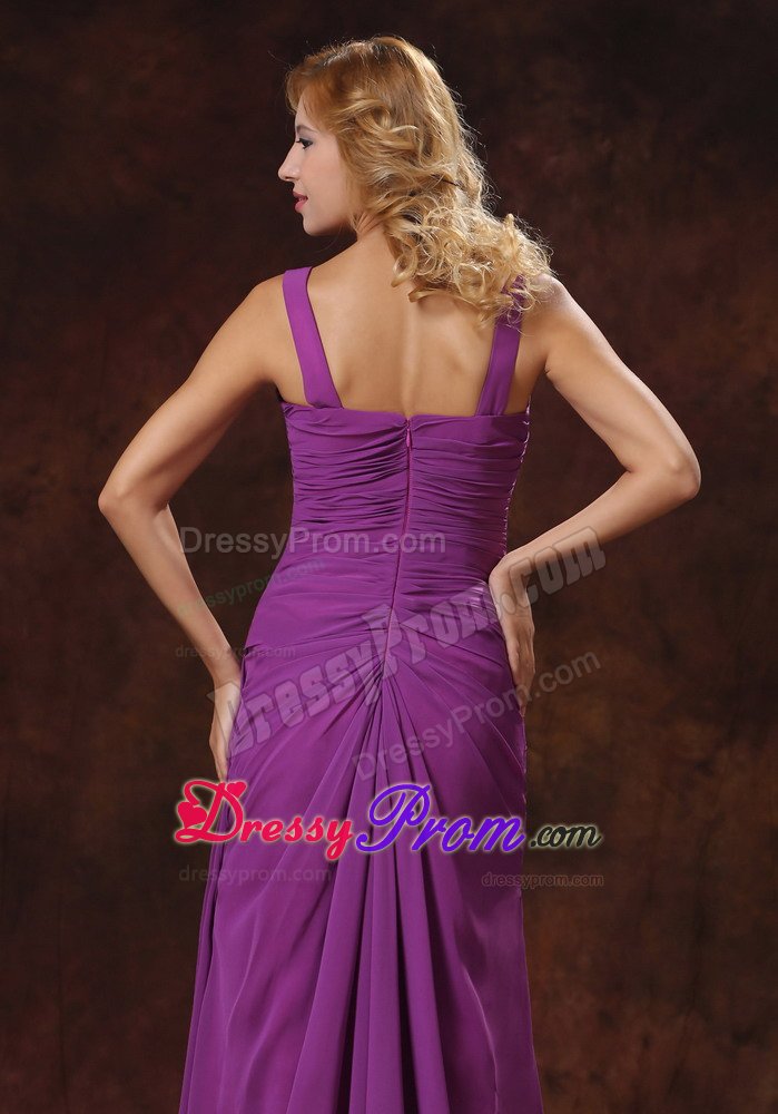 Sweetheart Purple Straps Ruched Prom Gown Dress Floor-length