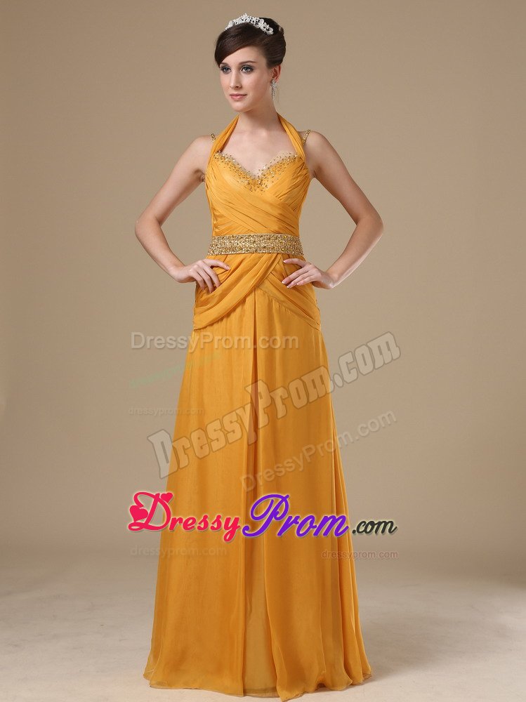 Halter Sweetheart Straps Beaded Gold Prom Evening Dress