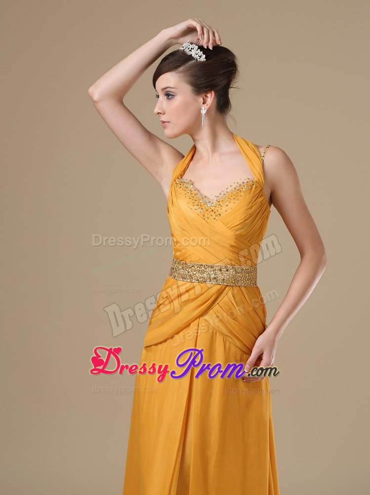 Halter Sweetheart Straps Beaded Gold Prom Evening Dress