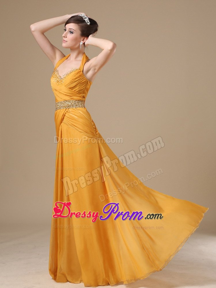 Halter Sweetheart Straps Beaded Gold Prom Evening Dress