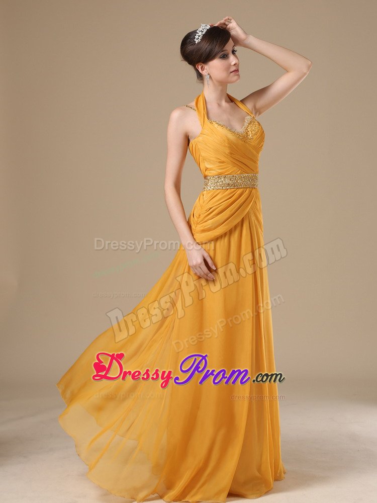 Halter Sweetheart Straps Beaded Gold Prom Evening Dress