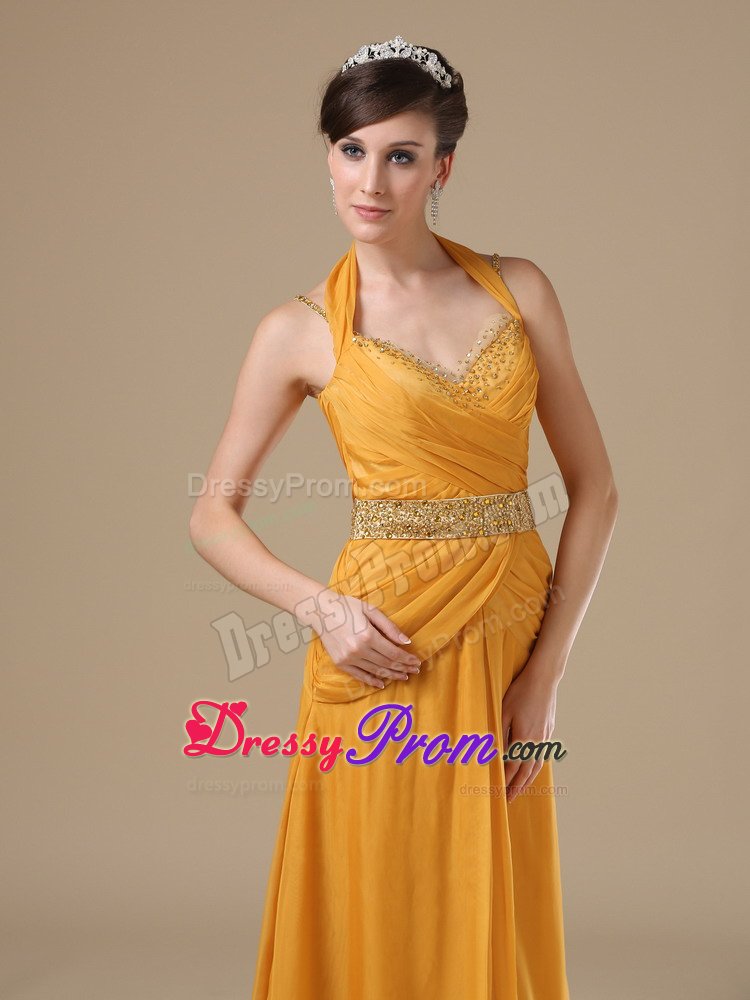 Halter Sweetheart Straps Beaded Gold Prom Evening Dress