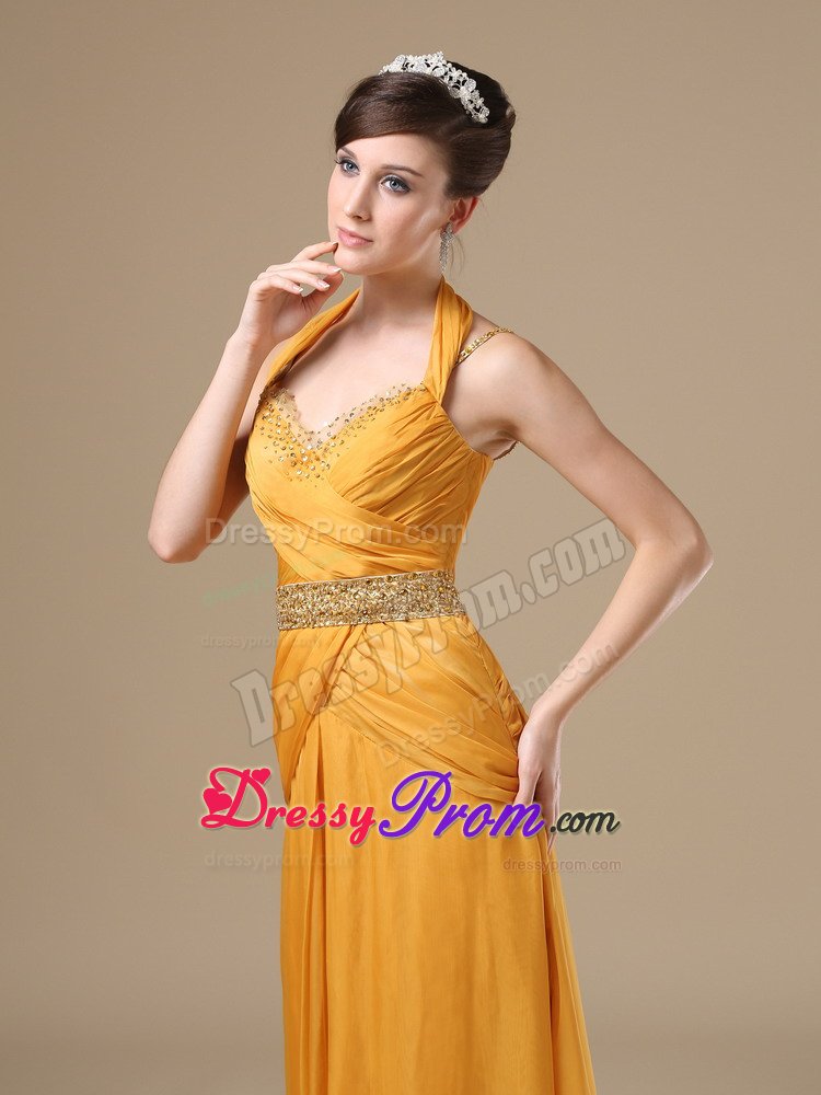Halter Sweetheart Straps Beaded Gold Prom Evening Dress