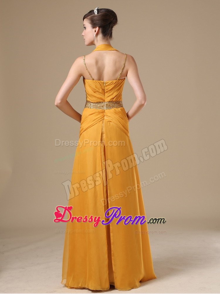Halter Sweetheart Straps Beaded Gold Prom Evening Dress