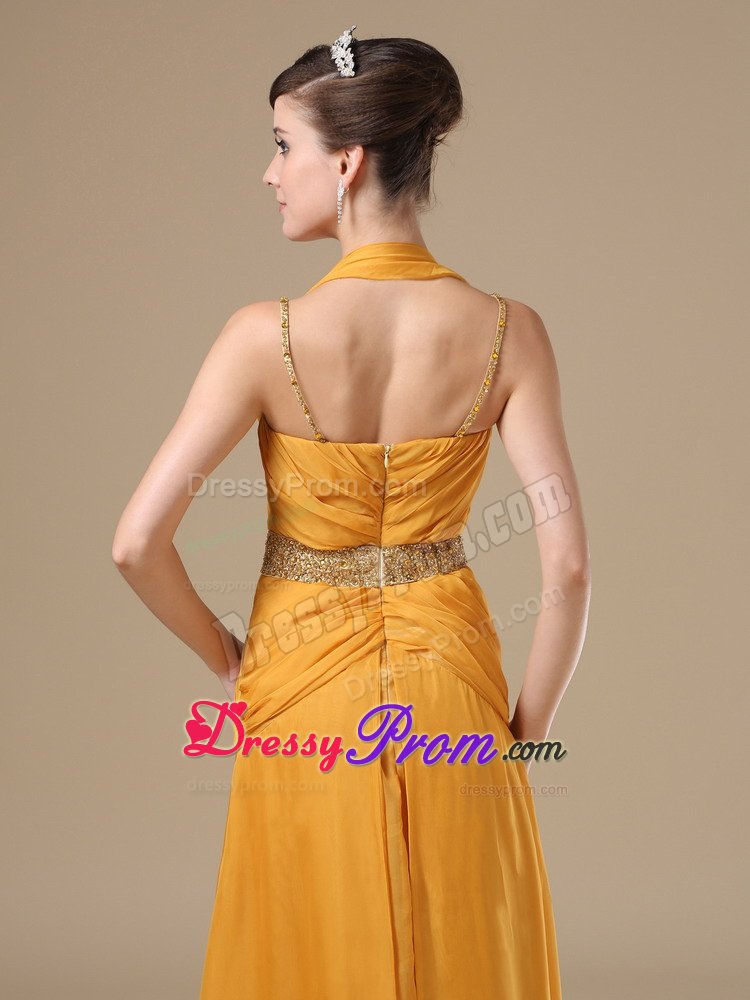 Halter Sweetheart Straps Beaded Gold Prom Evening Dress