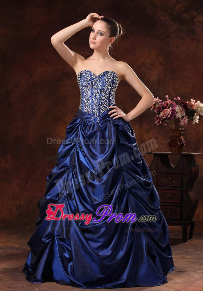 Beaded Pick-ups A-line Sweetheart Navy Blue Prom Maxi Dress