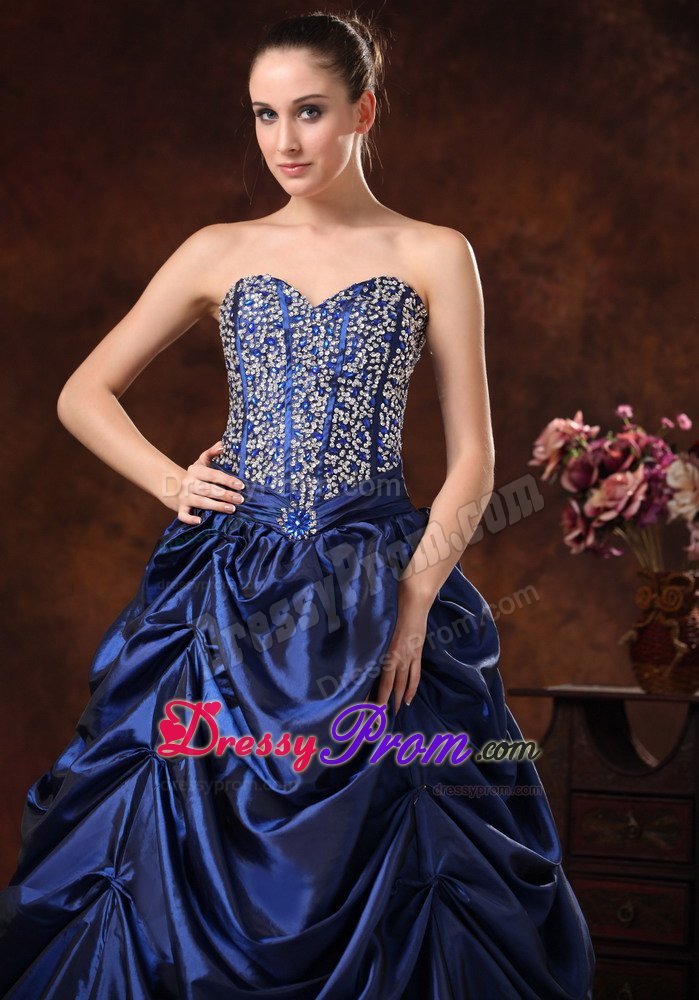 Beaded Pick-ups A-line Sweetheart Navy Blue Prom Maxi Dress
