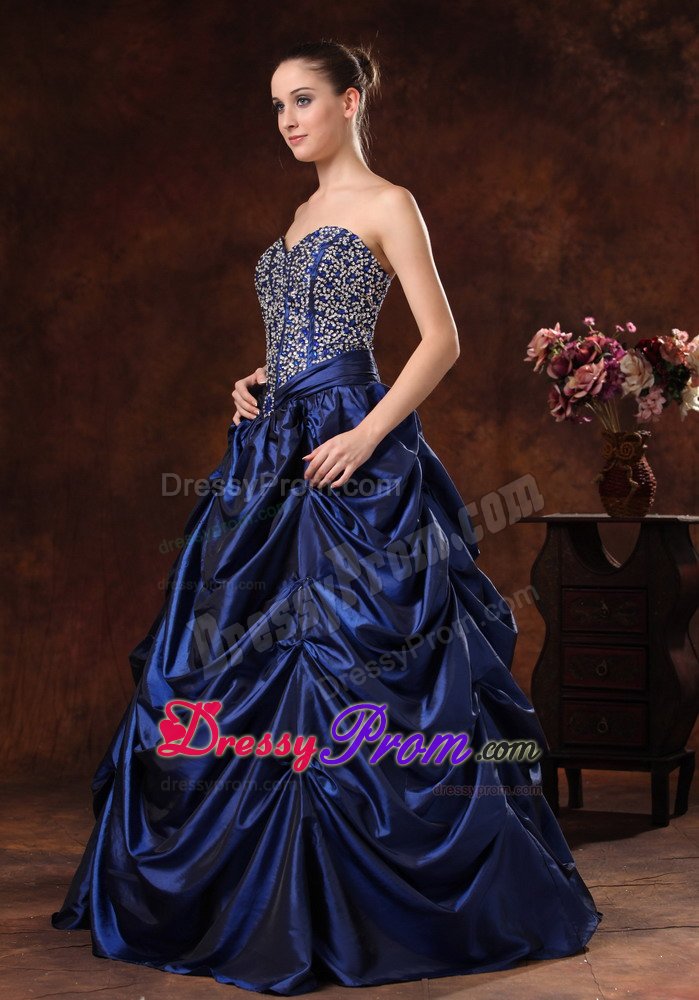 Beaded Pick-ups A-line Sweetheart Navy Blue Prom Maxi Dress