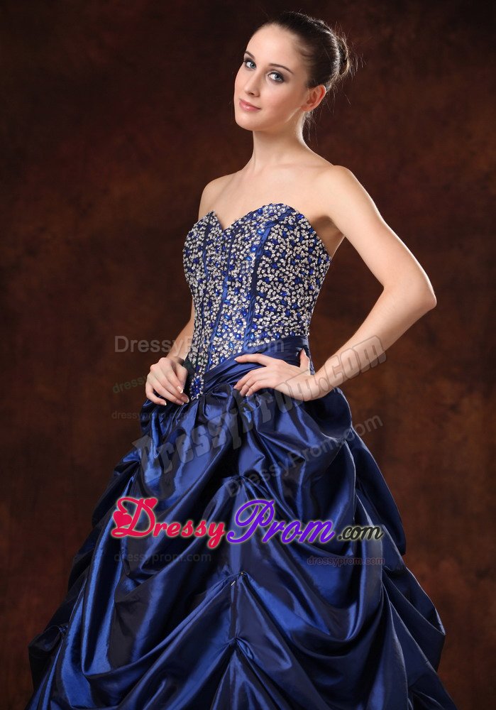 Beaded Pick-ups A-line Sweetheart Navy Blue Prom Maxi Dress