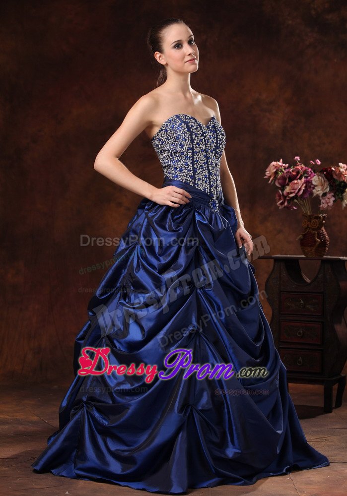 Beaded Pick-ups A-line Sweetheart Navy Blue Prom Maxi Dress