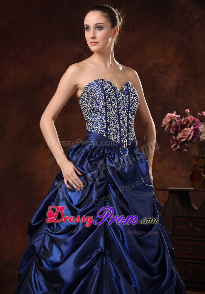 Beaded Pick-ups A-line Sweetheart Navy Blue Prom Maxi Dress