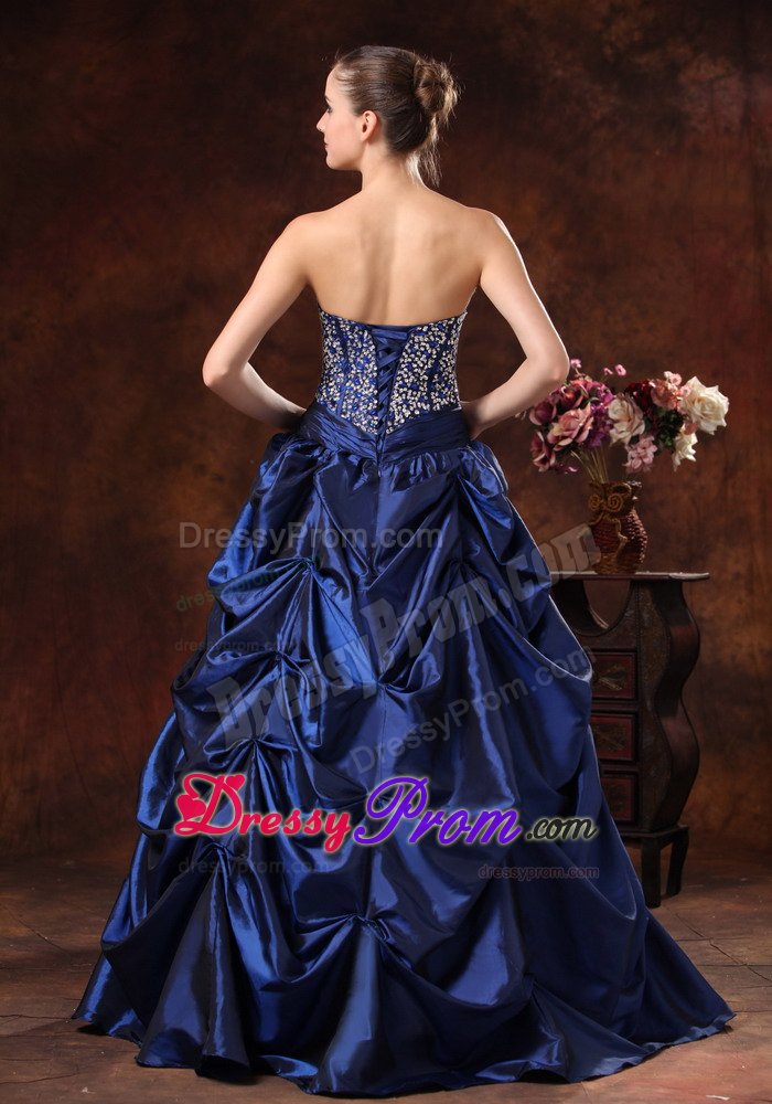 Beaded Pick-ups A-line Sweetheart Navy Blue Prom Maxi Dress