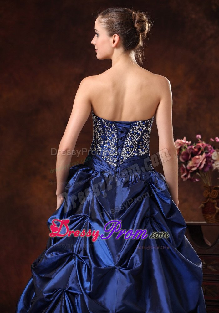 Beaded Pick-ups A-line Sweetheart Navy Blue Prom Maxi Dress