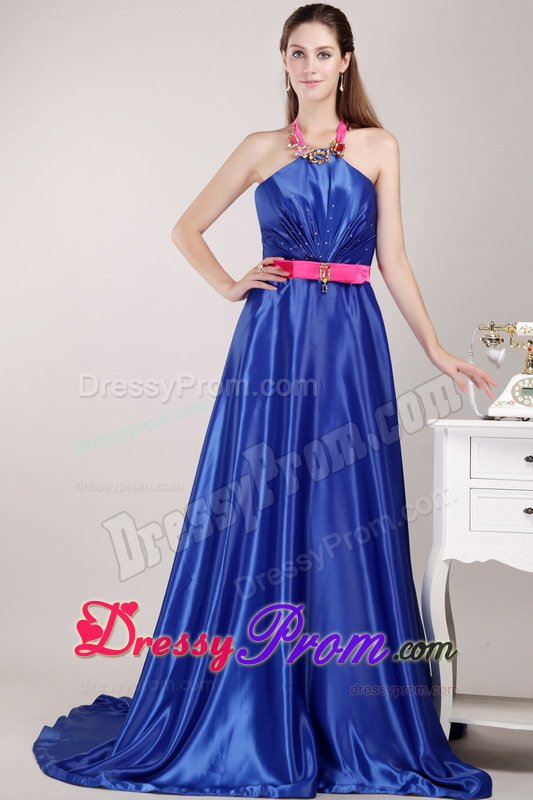 Halter Top Beading and Sash Blue Prom Pageant Dress with Brush Train