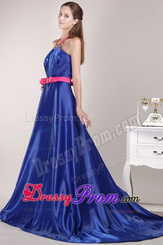Halter Top Beading and Sash Blue Prom Pageant Dress with Brush Train