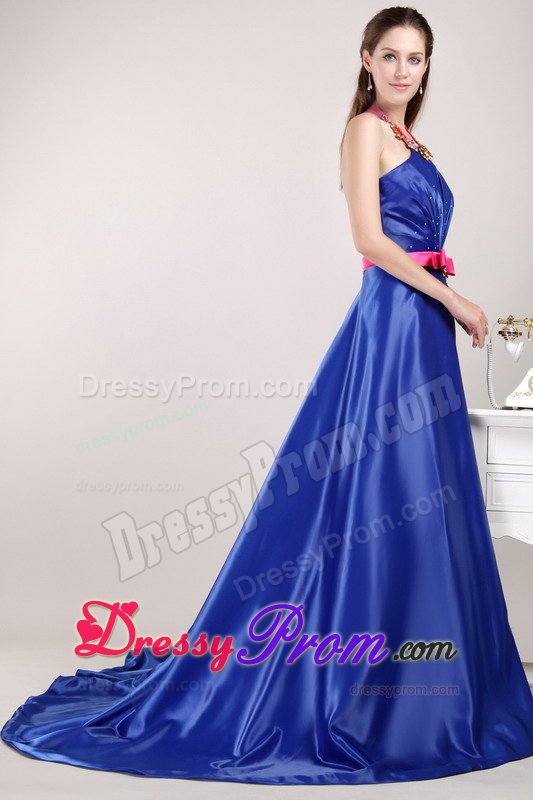 Halter Top Beading and Sash Blue Prom Pageant Dress with Brush Train