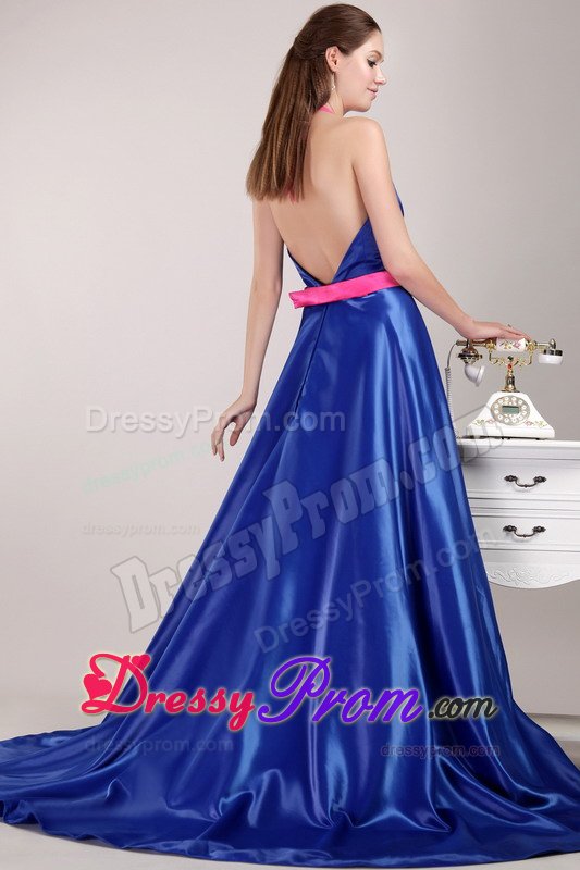 Halter Top Beading and Sash Blue Prom Pageant Dress with Brush Train