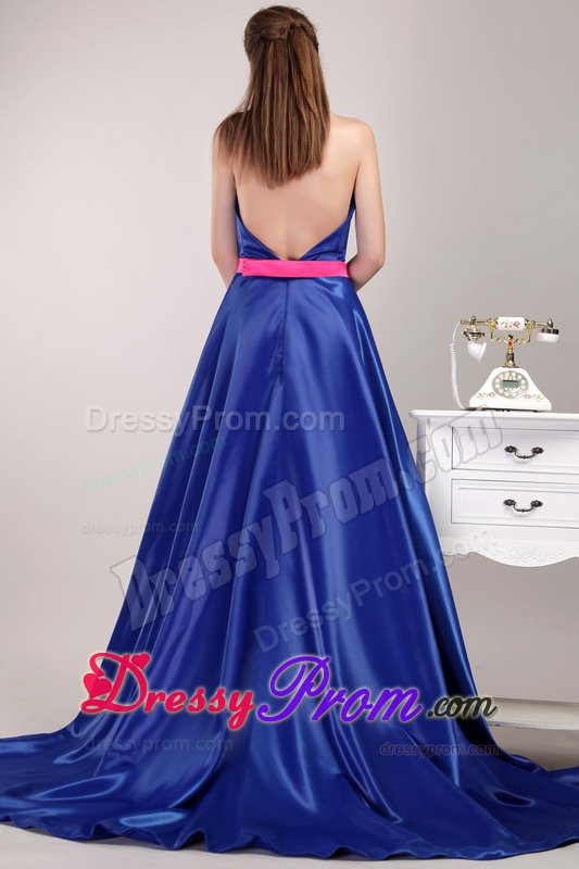 Halter Top Beading and Sash Blue Prom Pageant Dress with Brush Train