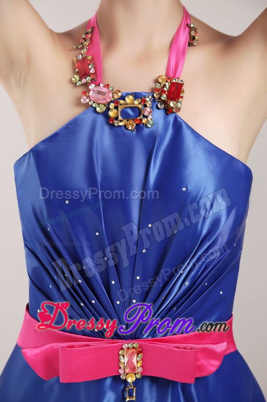 Halter Top Beading and Sash Blue Prom Pageant Dress with Brush Train