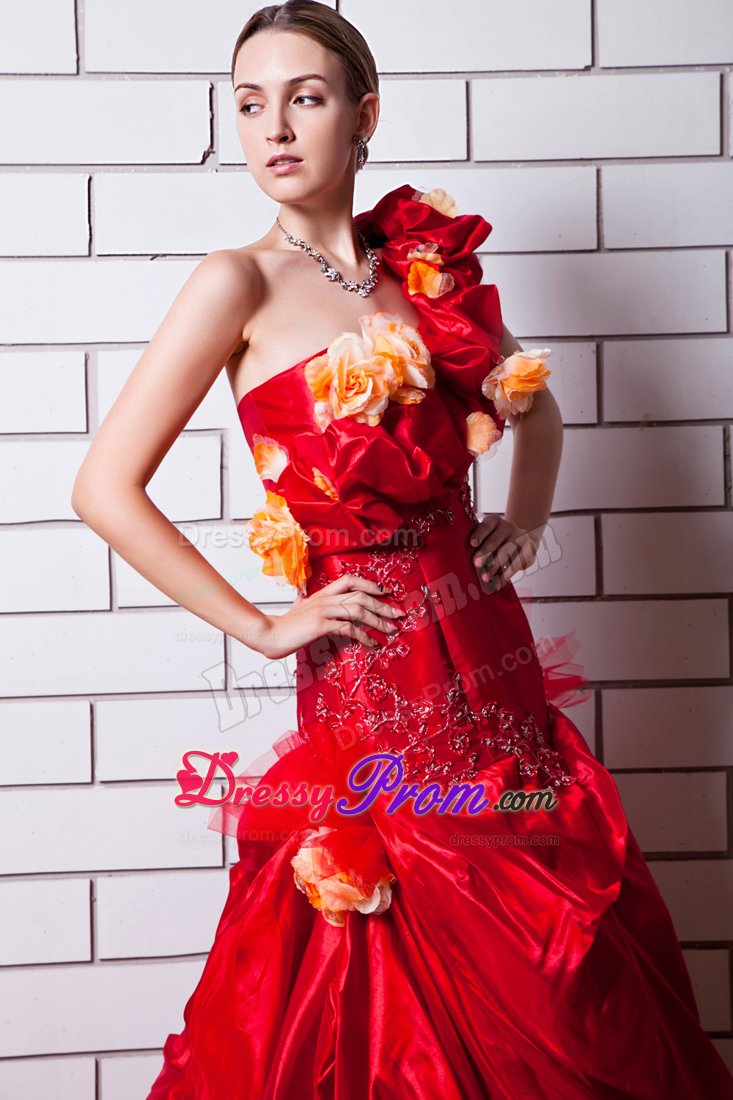 Red One Shoulder Appliques and Hand Made Flowers Prom Dress with Brush Train
