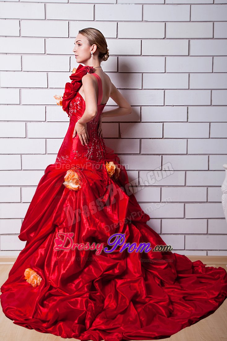 Red One Shoulder Appliques and Hand Made Flowers Prom Dress with Brush Train