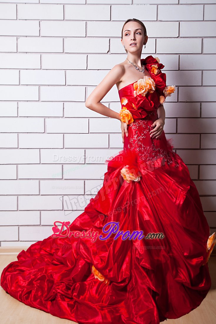 Red One Shoulder Appliques and Hand Made Flowers Prom Dress with Brush Train