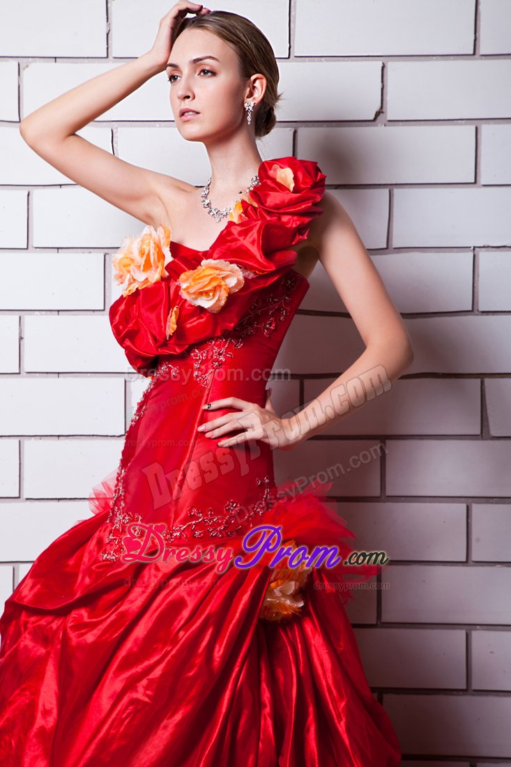 Red One Shoulder Appliques and Hand Made Flowers Prom Dress with Brush Train
