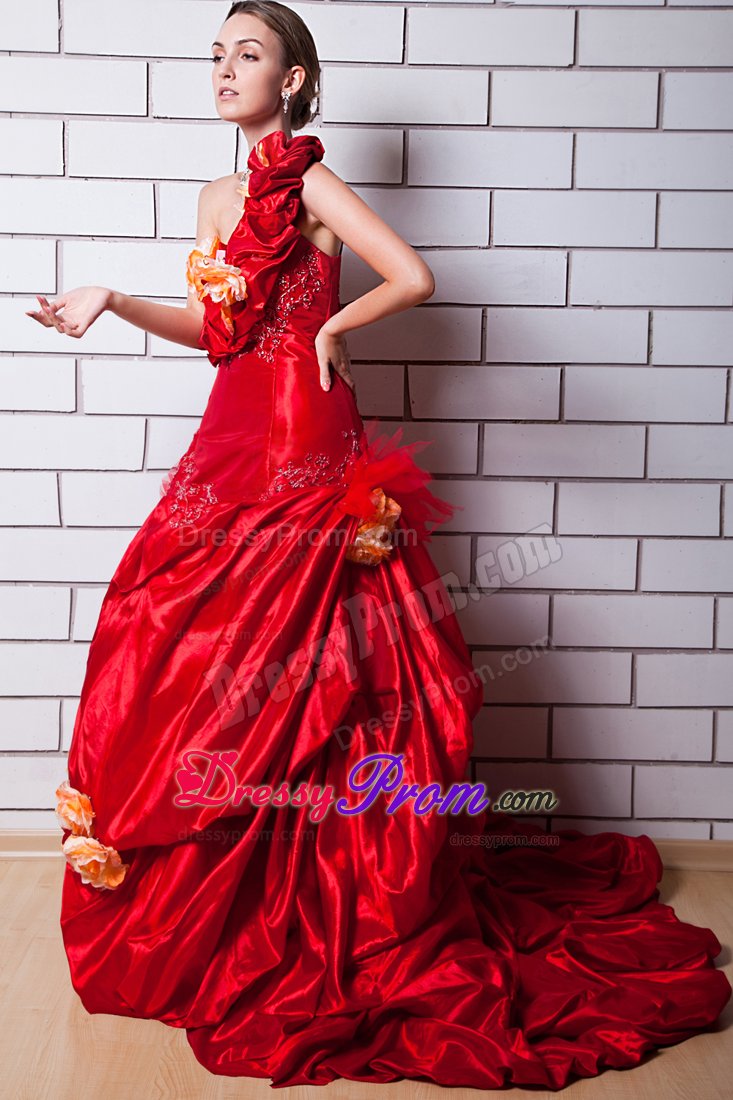 Red One Shoulder Appliques and Hand Made Flowers Prom Dress with Brush Train